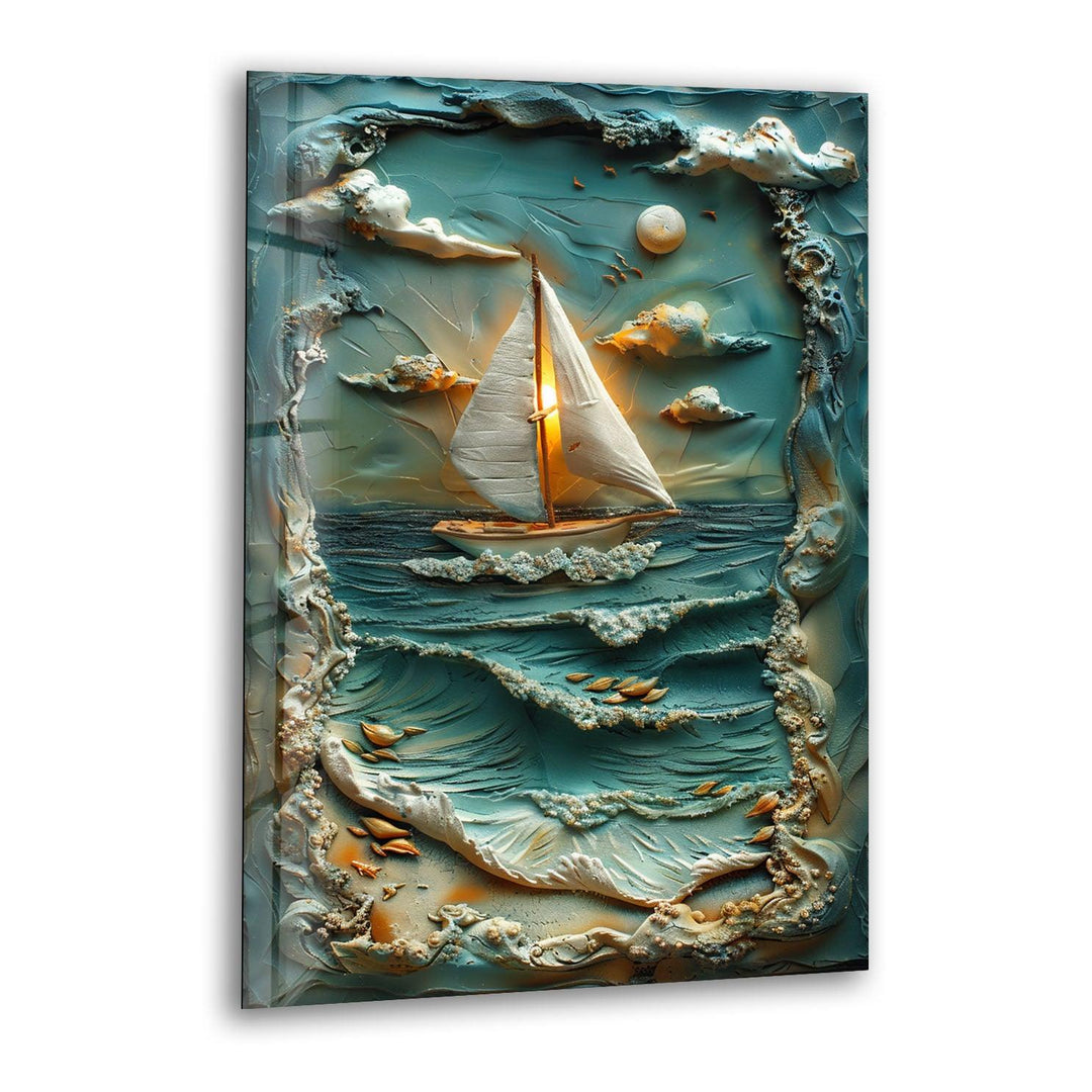 Boat & Sunset Landscape Clay Art Glass Wall Art large glass photo prints, glass wall photos
