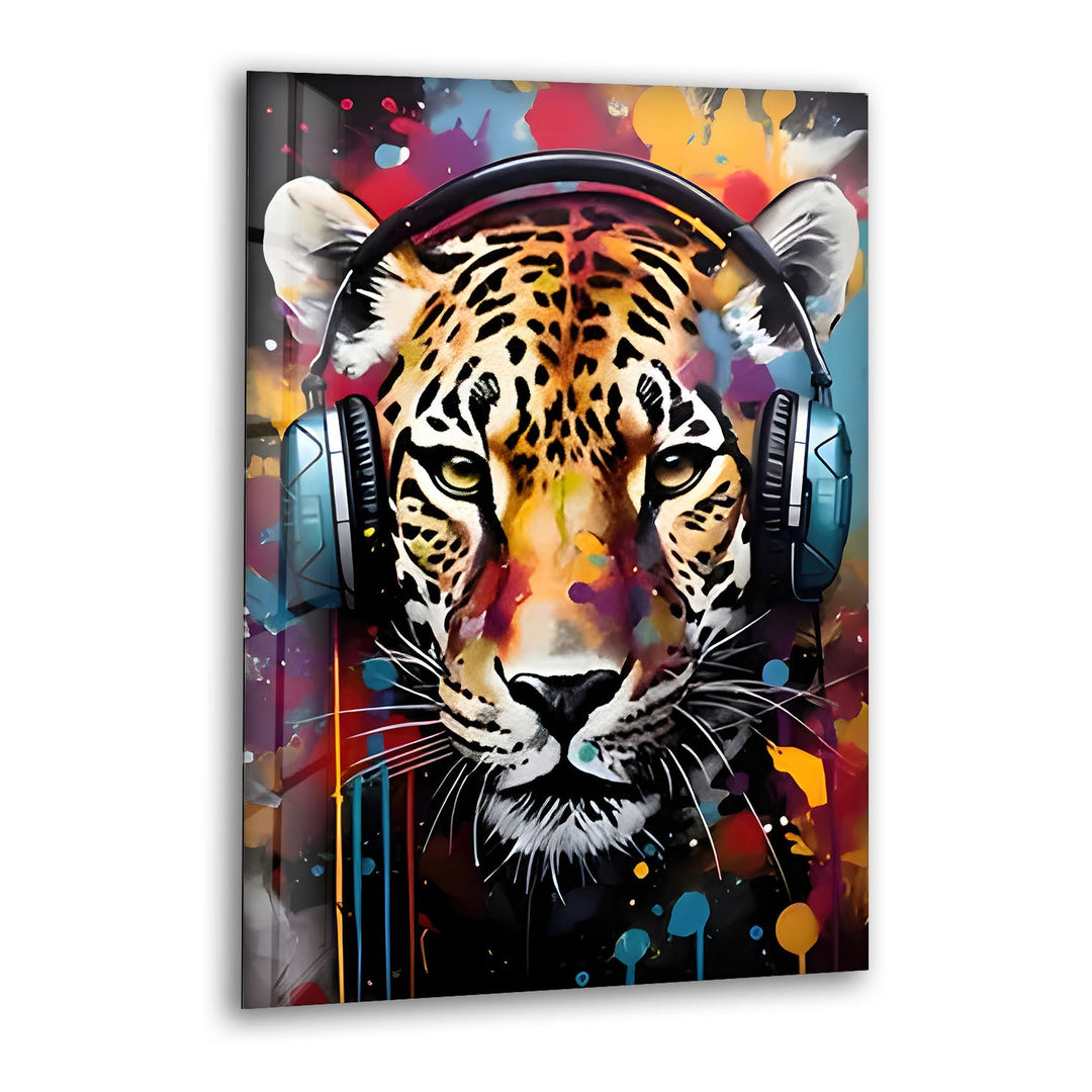 Leopar with Headphones Glass Wall Art print picture on glass, Tempered Glass Wall Art
