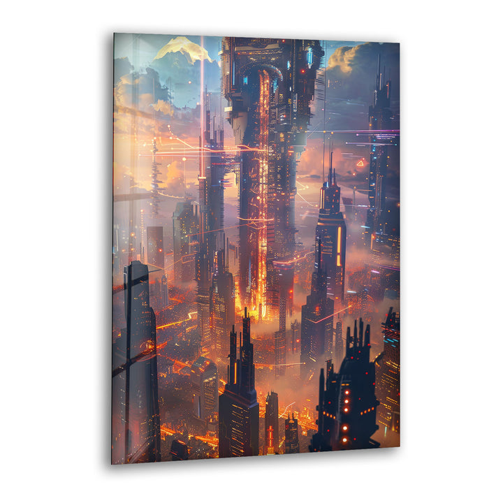 Sci-Fi Magic Skyline Glass Wall Art print on glass, glass printed photos
