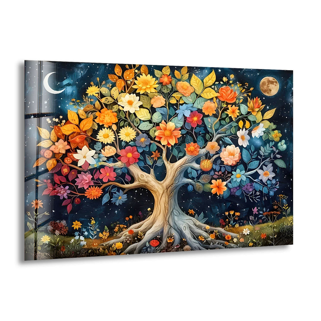 Colored Flower Tree Night Glass Wall Art glass art painting, glass art for the Wall
