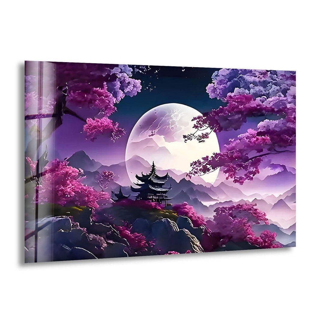 Japanese Temple Purple Sunset Glass Wall Art print picture on glass, Tempered Glass Wall Art
