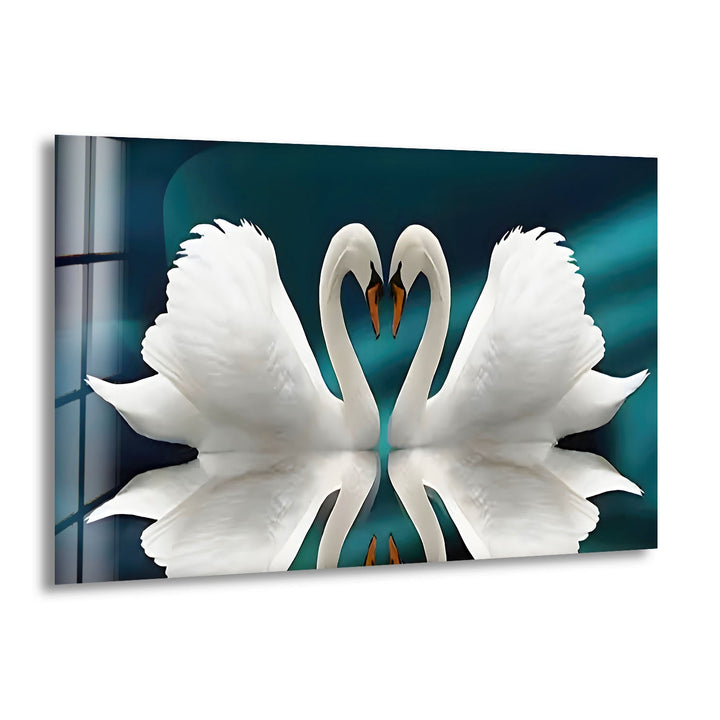 Couple Heart Swans Glass Wall Art glass art painting, glass art for the Wall
