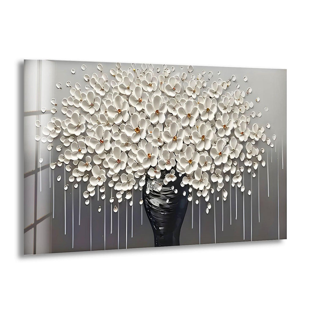 White Flowers and Grey Vase Glass Wall Art print picture on glass, Tempered Glass Wall Art
