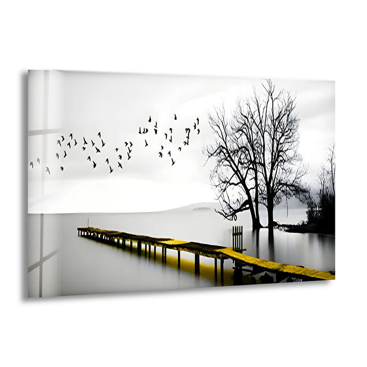 Black & White Dock and Birds Glass Wall Art print picture on glass, Tempered Glass Wall Art
