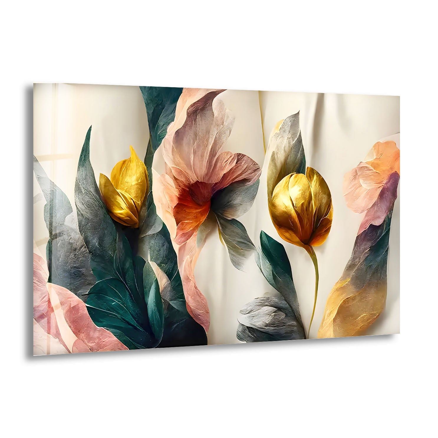 Abstract Golden Details Pink Flower Glass Wall Art print picture on glass, Tempered Glass Wall Art
