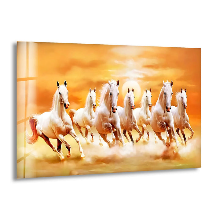 White Horses Running on Sunset Glass Wall Artglass art painting, glass art for the Wall
