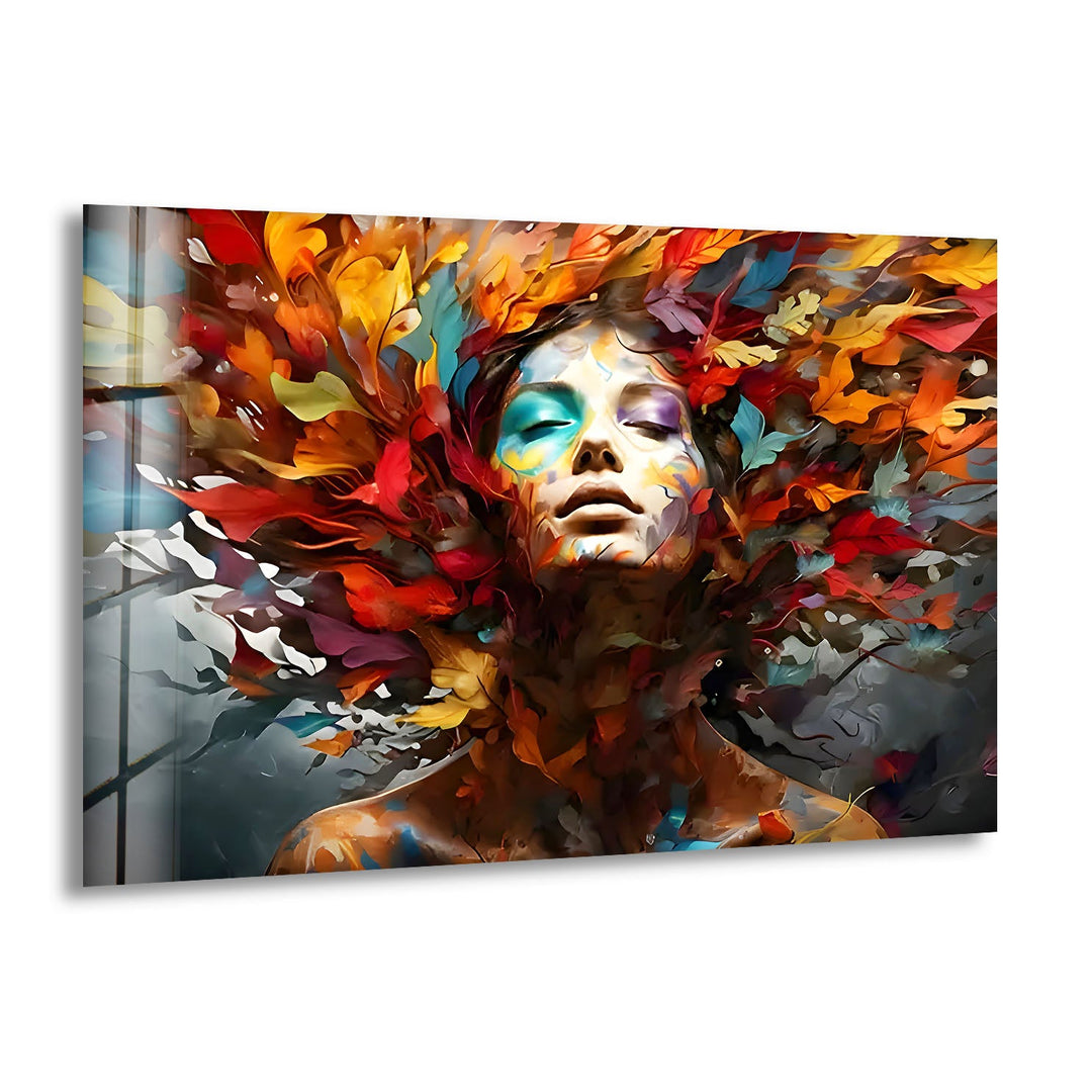 Woman with Colored Leafs Glass Wall Art Glass Printing Wall Art, Print photos on glass
