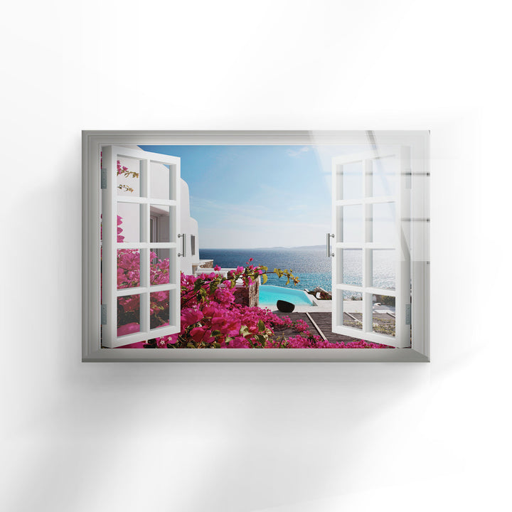 Fake Window Santorini Island Glass Wall Art picture on glass wall art, photos printed on glass