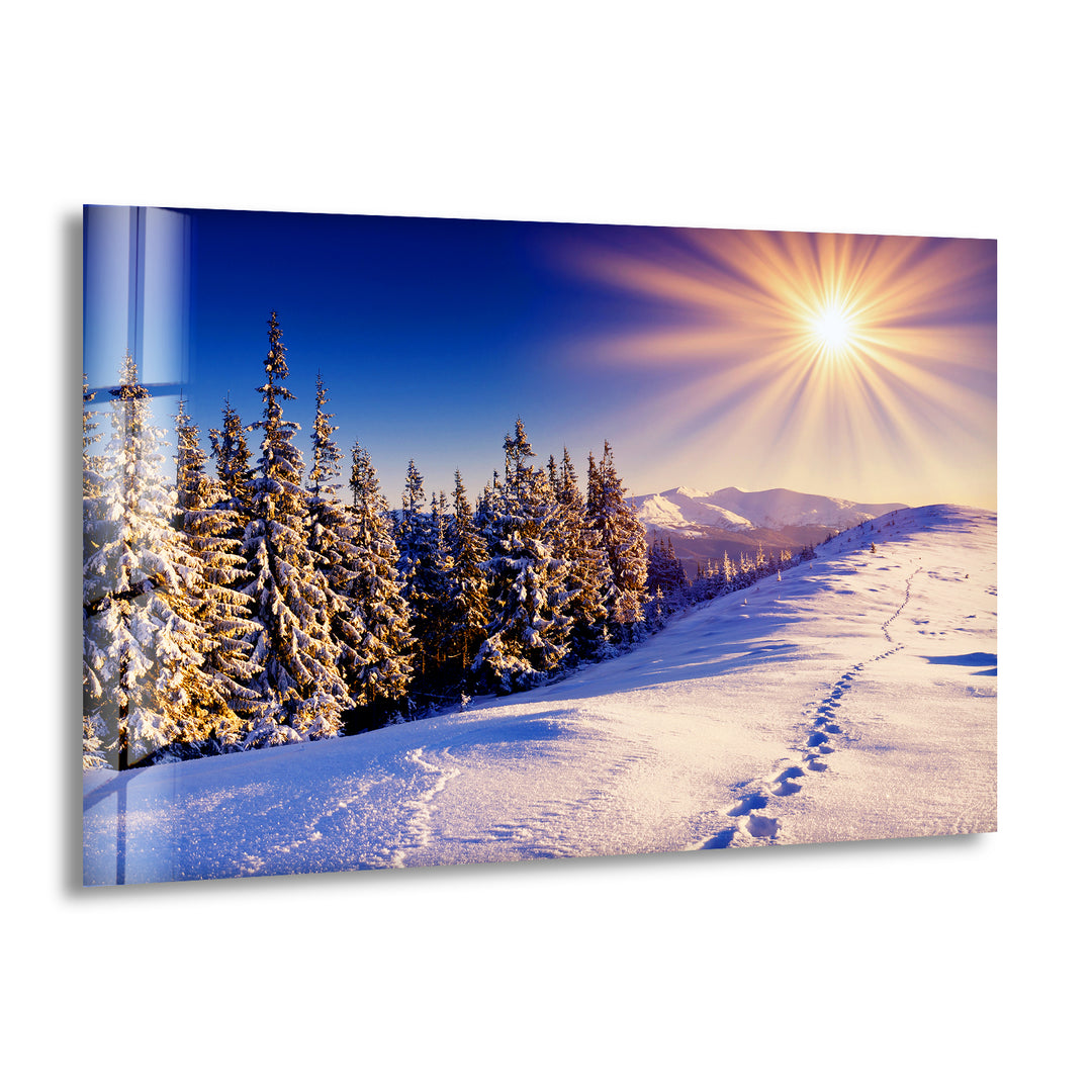 Snowy Forest Sunset Glass Wall Art Glass Printing Wall Art, Print photos on glass