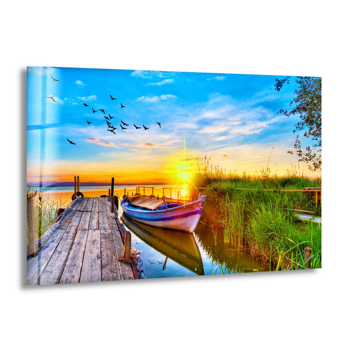 Lake Under Sunset Pier Glass Wall Art