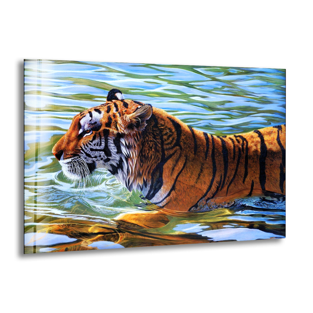 Swimming Tiger Glass Wall Art             glass wall decor, glass wall art decor