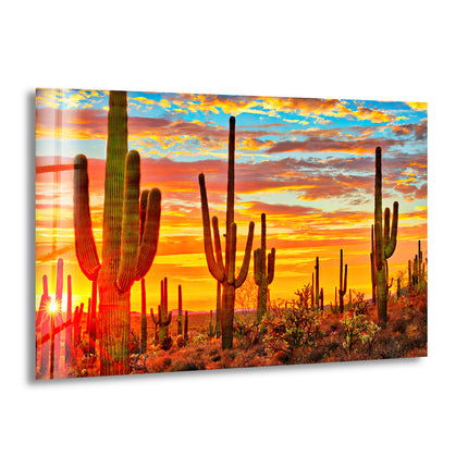 Desert Sunset With Saguaros Glass Wall Art