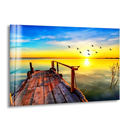 Sunset on The Lake & Birds Glass Wall Art