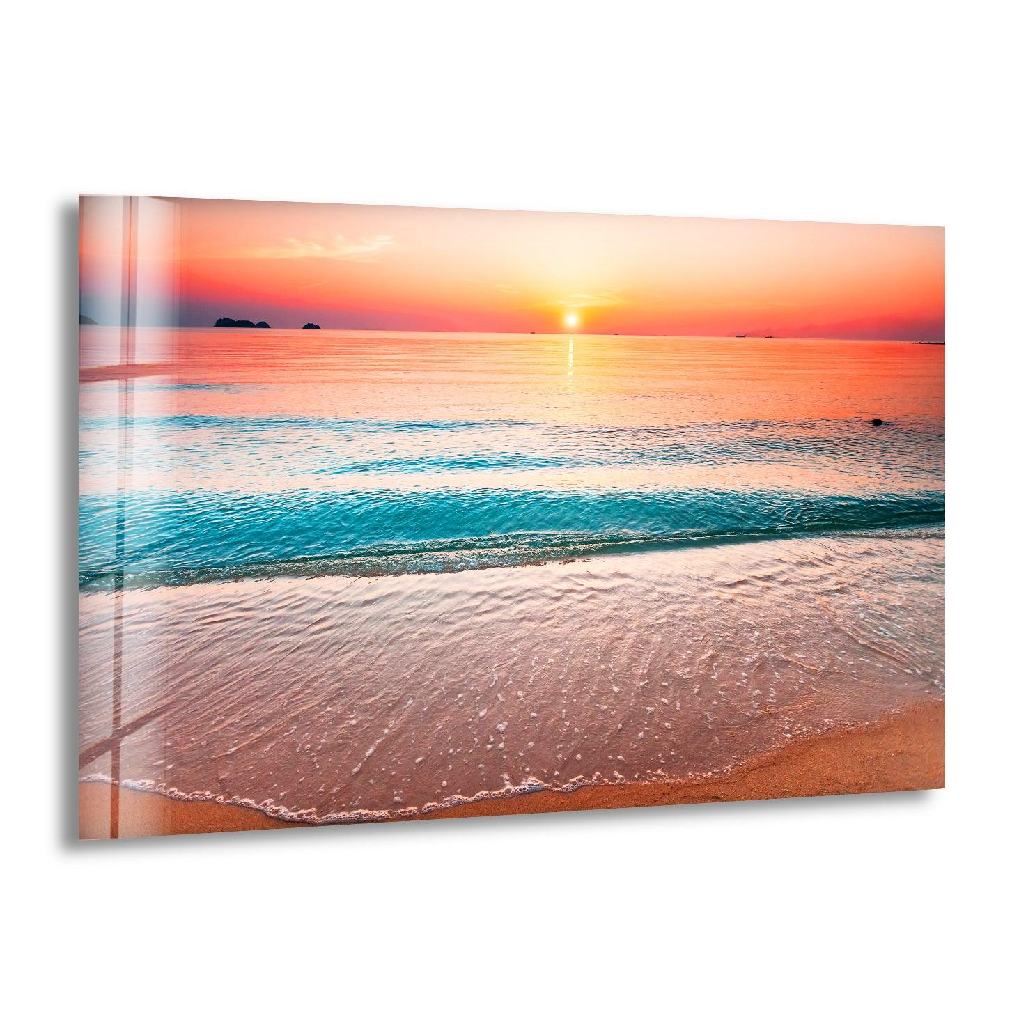 Calm Sea With Sunset Glass Wall Art