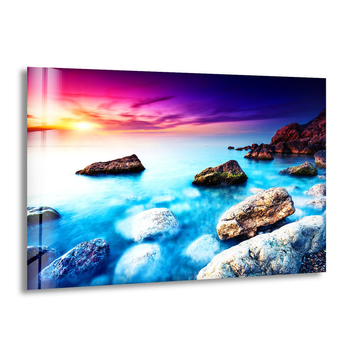 Vivid Sunset Over Rocks Glass Wall Art