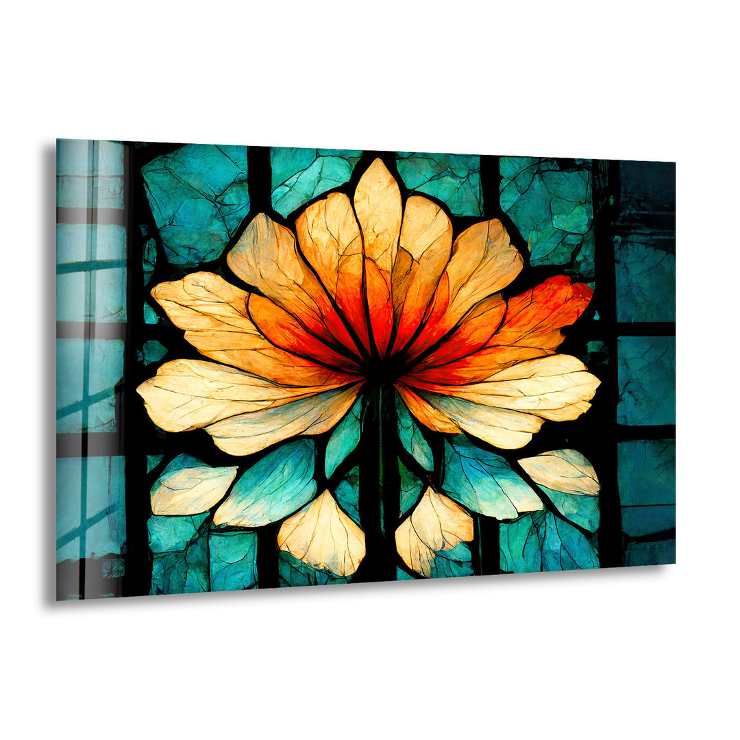 Stained Orange Floral Glass Wall Art print picture on glass, Tempered Glass Wall Art