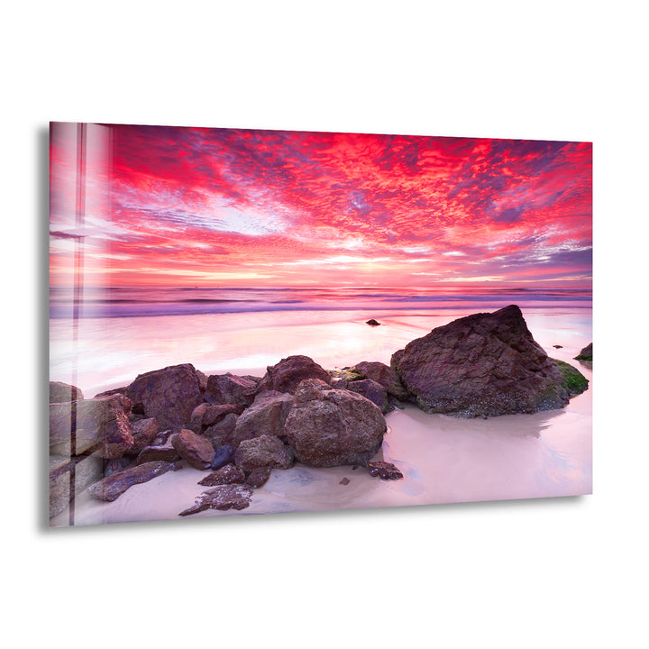 Sunset Landscape & Rocks Glass Wall Art