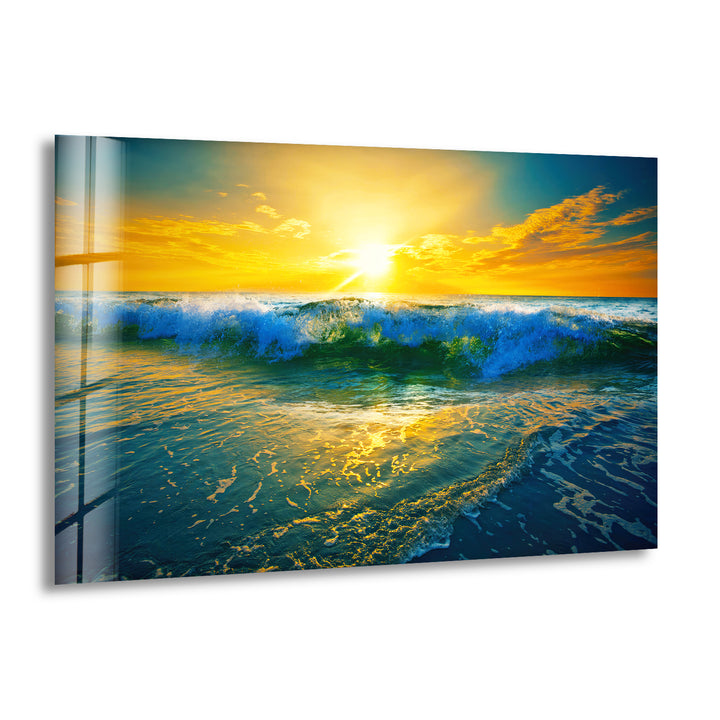 Sunrise Ocean Waves Glass Wall Art