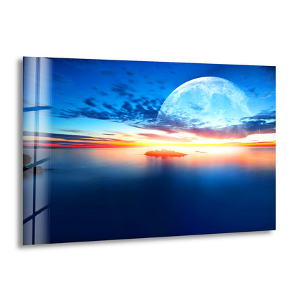 Sunset at Sea With Moon Glass Wall Art custom glass pictures, glass art prints