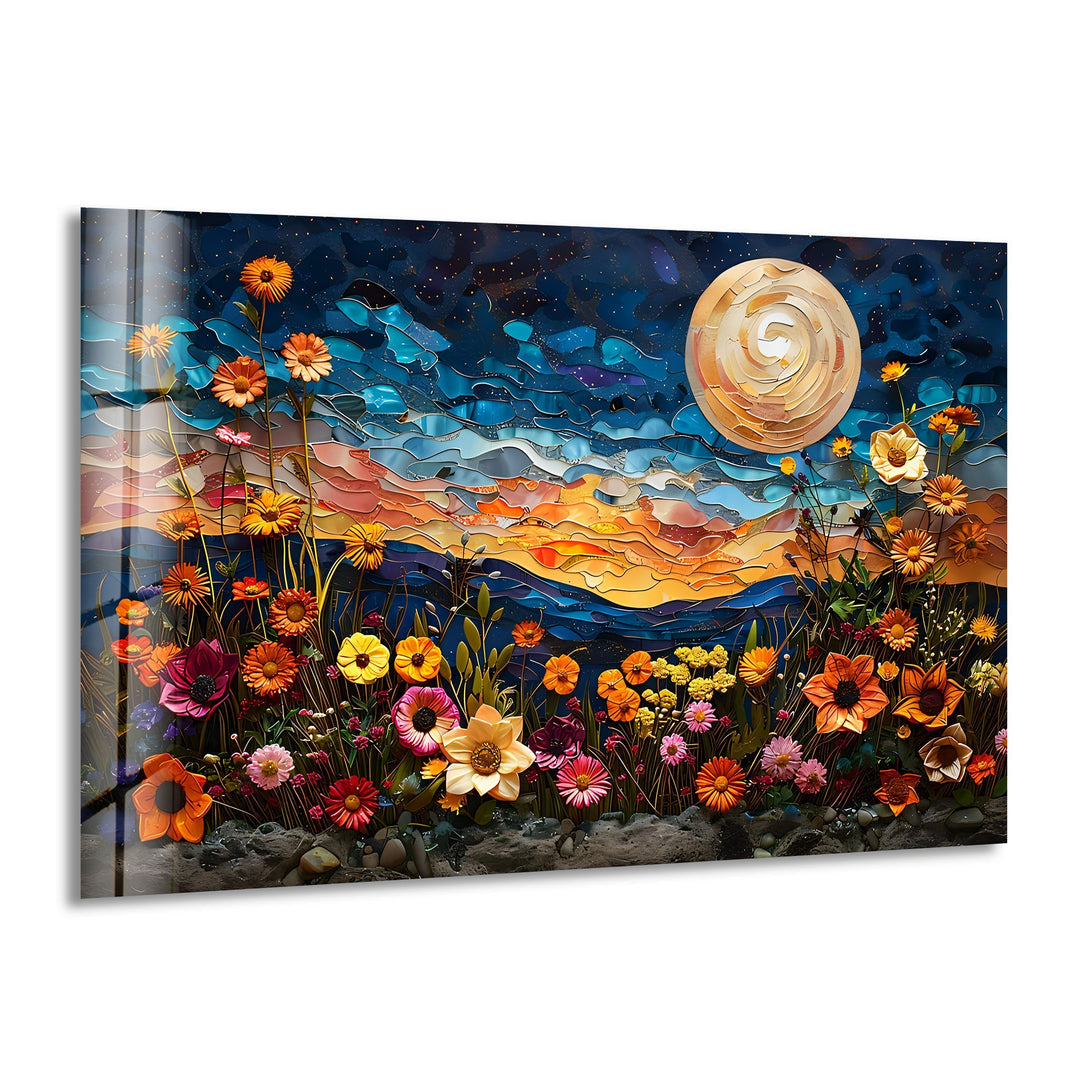 Oil Art Night Sunset & Flowers Glass Wall Art custom glass photo prints, large glass prints
