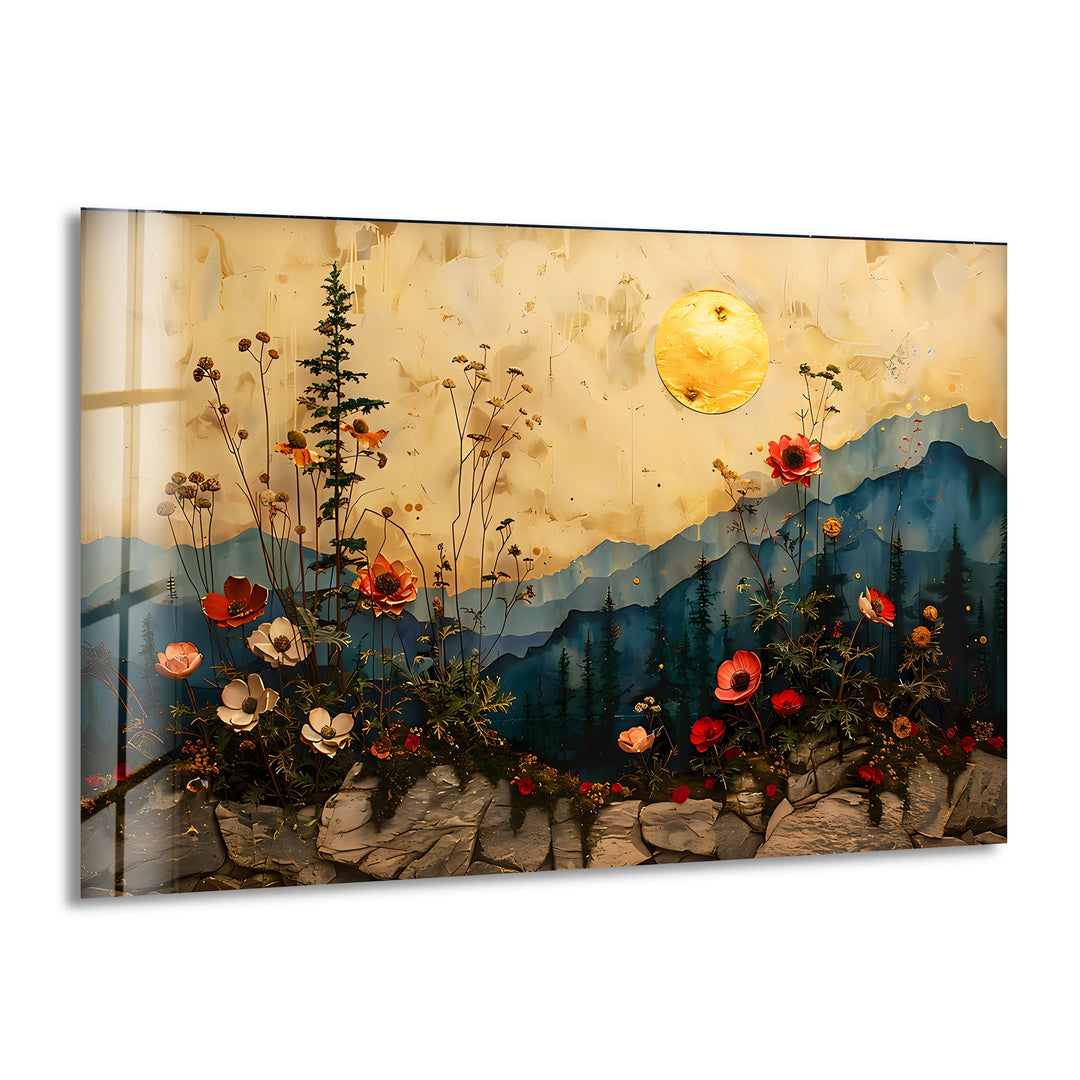 Flowers & Sunset Glass Wall Art print picture on glass, Tempered Glass Wall Art
