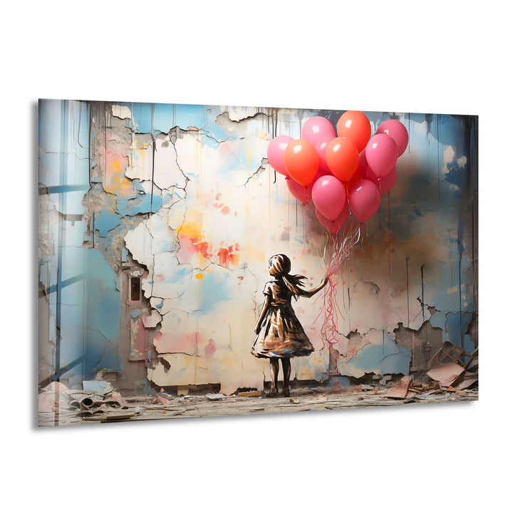 Girl Holding Balloon Glass Wall Art print picture on glass, Tempered Glass Wall Art
