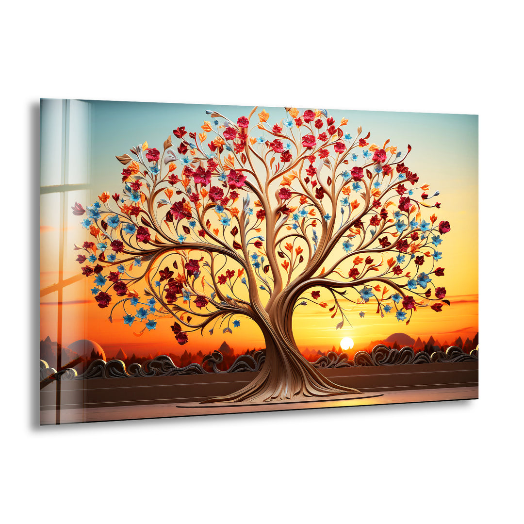 Colorful Tree At Sunset Glass Wall Art, print picture on glass, Tempered Glass Wall Art