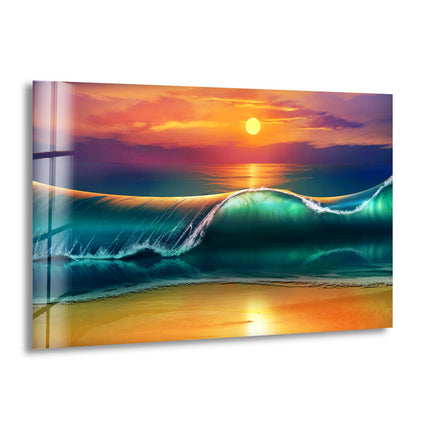 Sunset with Big Waves Glass Wall Art