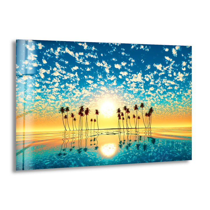 Tropical Palm Tree at Sunset Glass Wall Art