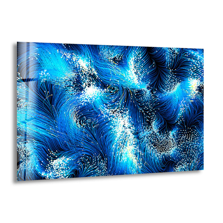 Beautiful abstract flowing neon traces on a black background. Blue Black Swirl Glass Wall Art