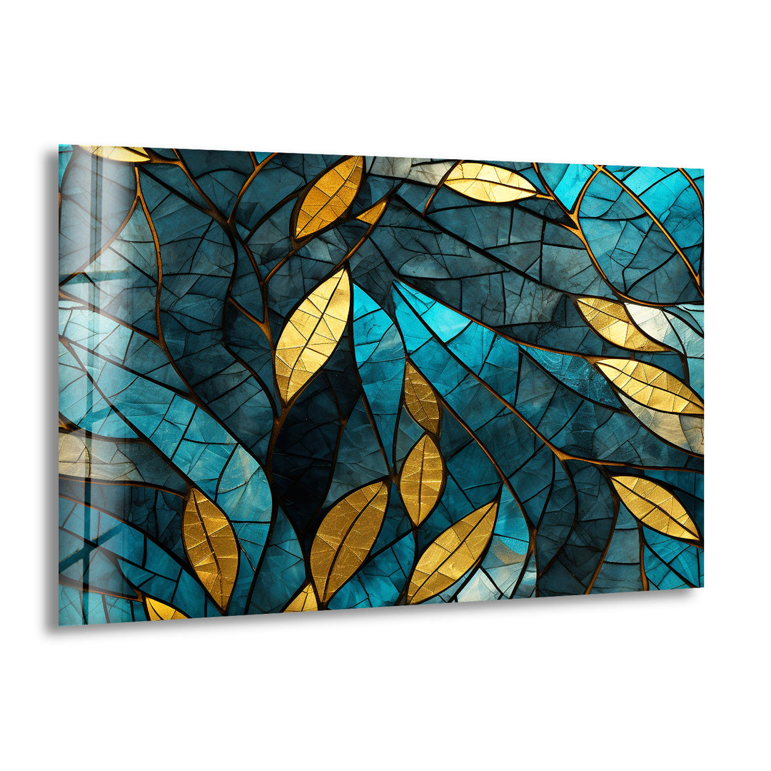 Blue & Gold Leaves Glass Wall Art print on glass, glass printed photos