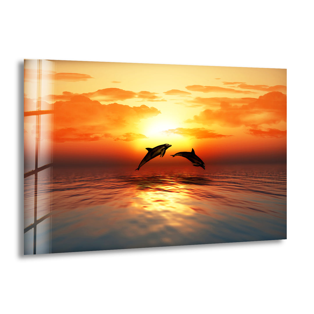 Dolphins Swimming on Sunset Glass Wall Art picture on glass wall art, photos printed on glass