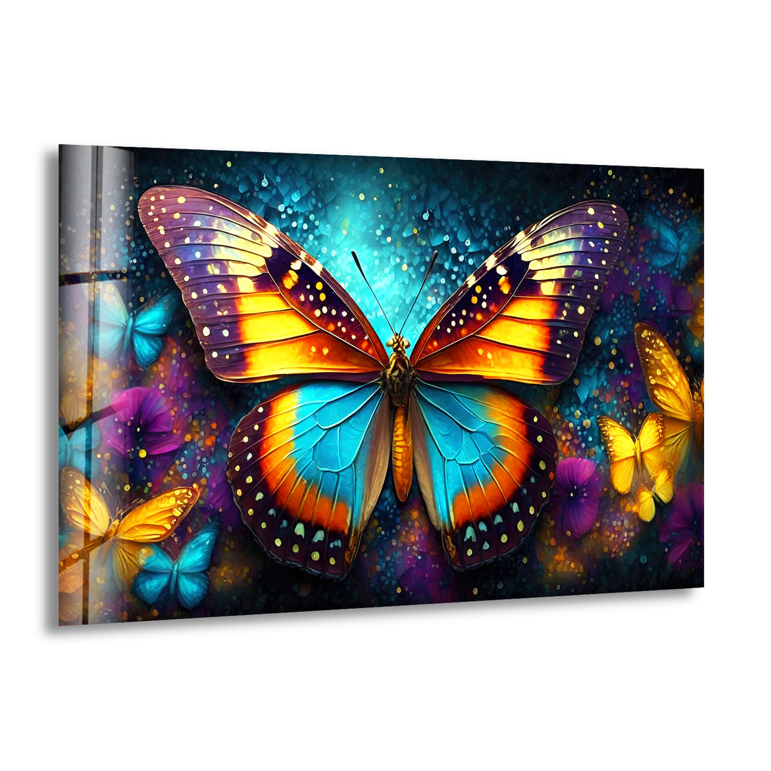 Glowing Rainbow Butterfly Glass Wall Art custom glass pictures, glass art prints