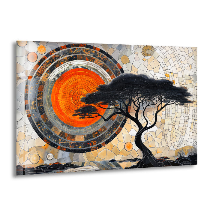 Mosaic Design and Old Tree Glass Wall Art