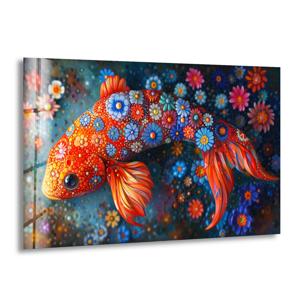 Fish with Flowers Glass Wall Art print picture on glass,Tempered Glass Wall Art