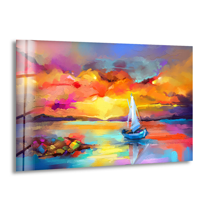 Sunset Sea Painting Glass Wall Art