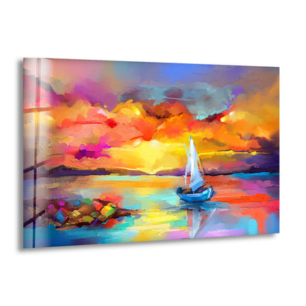 Sunset Sea Painting Glass Wall Art