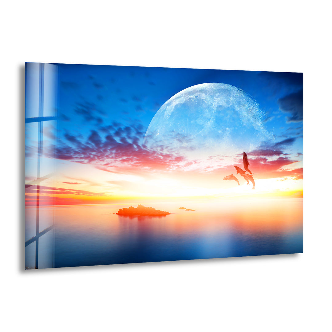 Sunset With Dolphins & Moon Glass Wall Art glass photo prints, glass picture prints