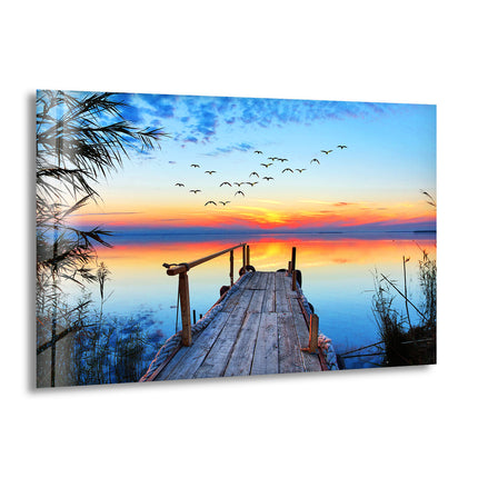 Lake Dock with Sunset View High-Quality Glass Photo Prints Decor