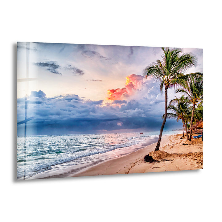 Tropical Beach With Palm Tree Glass Wall Art