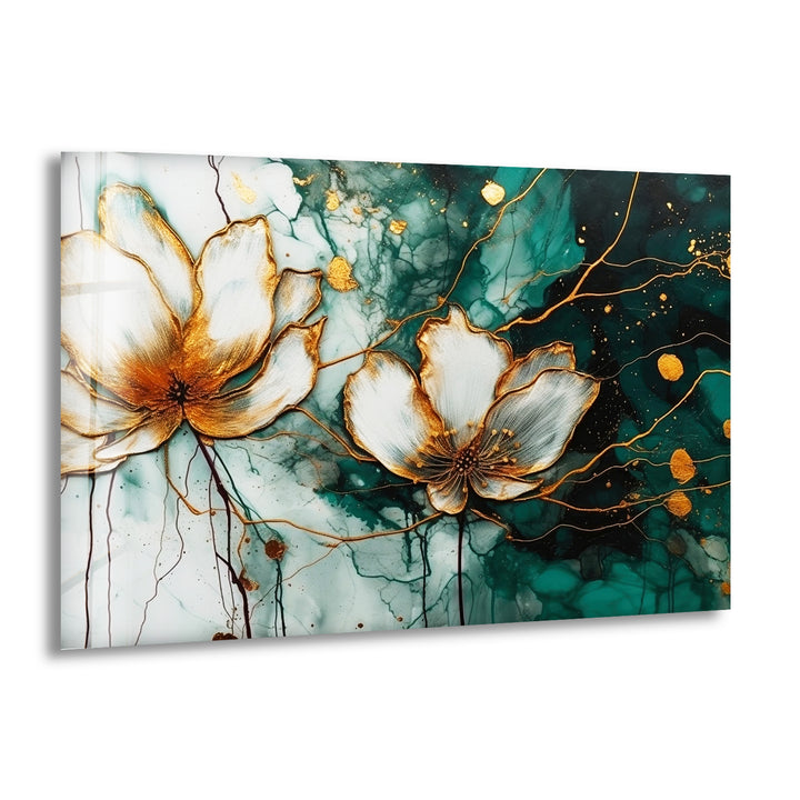 Watercolor Lotus With Golden Stains Glass Wall Art, print picture on glass, Tempered Glass Wall Art
