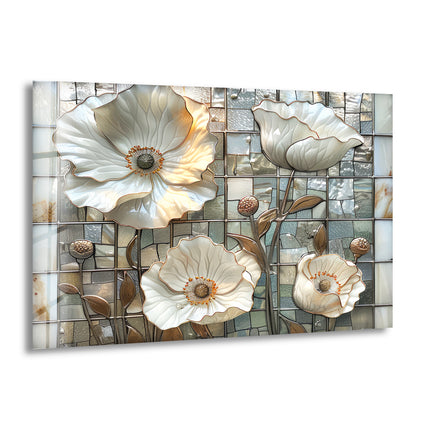 Mosaic White Poppy Glass Wall Art, print picture on glass, Tempered Glass Wall Art