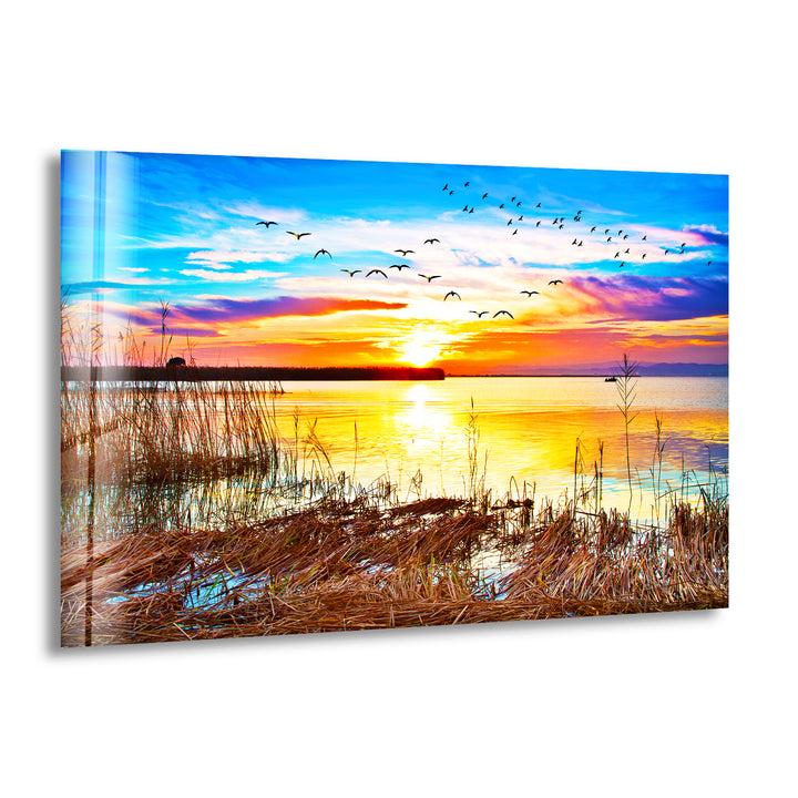 Sunset Over a Lake With Grass Glass Wall Art