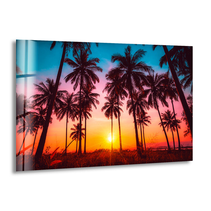 Palm Trees On Beach At Sunset Glass Wall Art