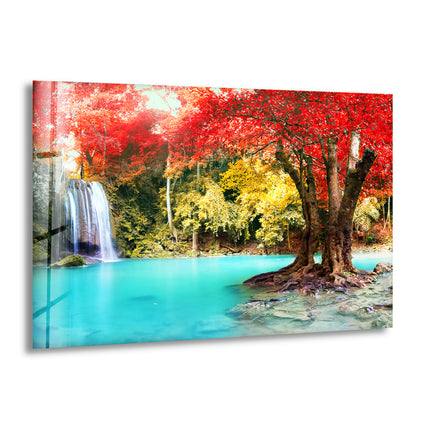 Waterfall in Autumn Forest Glass Wall Art print picture on glass, Tempered Glass Wall Art