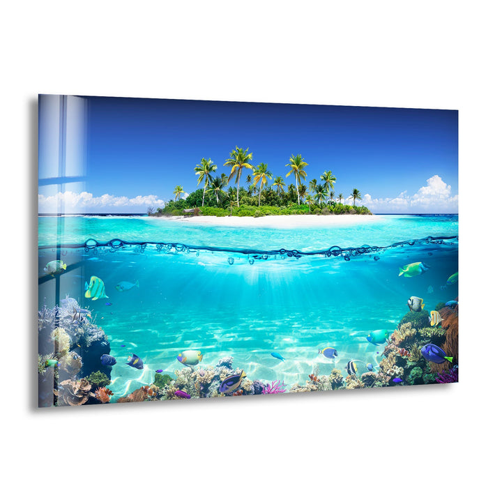 Tropical Island & Fishes Glass Wall Art