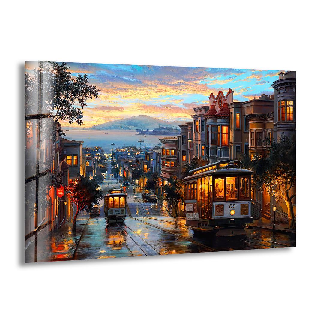 City Tram Landscape Glass Wall Art glass pictures for Wall, glass prints wall art