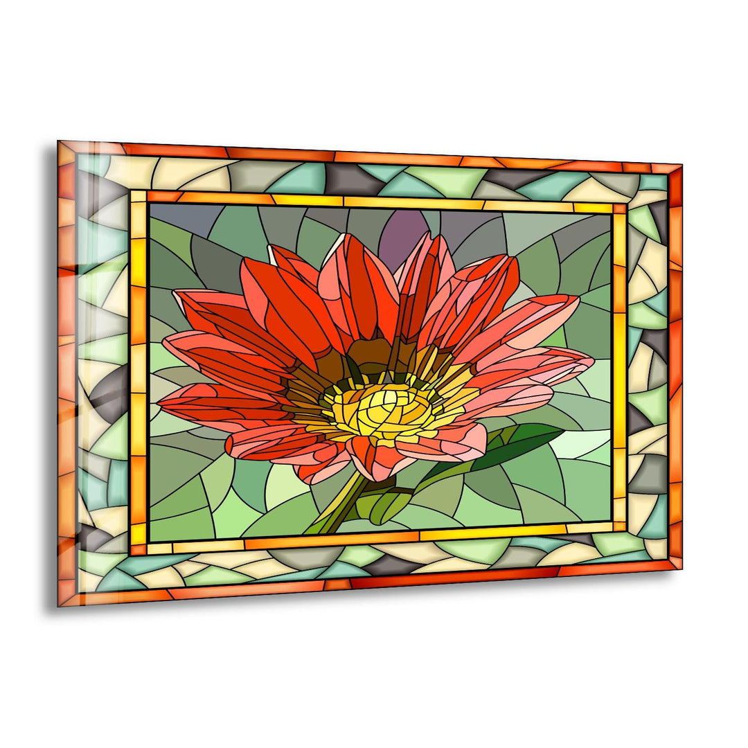 Red Mosaic Flower Stained Glass Wall Art print picture on glass, Tempered Glass Wall Art