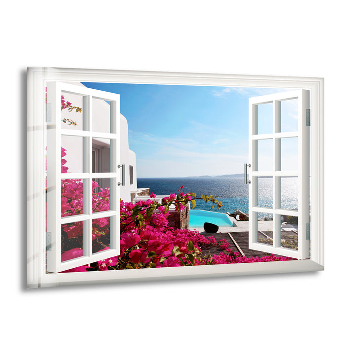 Fake Window Santorini Island Glass Wall Art glass photo prints, glass picture prints