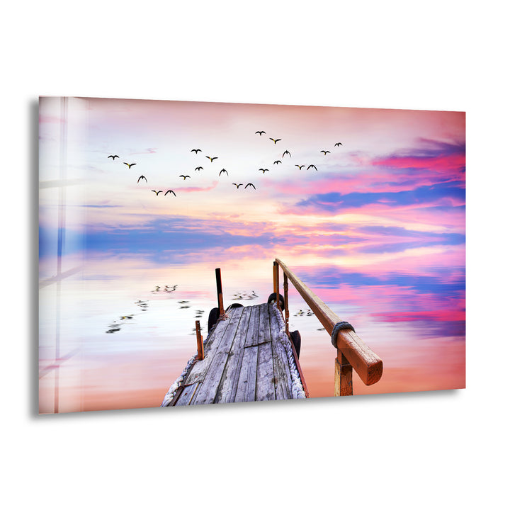 Ocean Sunrise With Pier Glass Wall Art picture on glass wall art, photos printed on glass